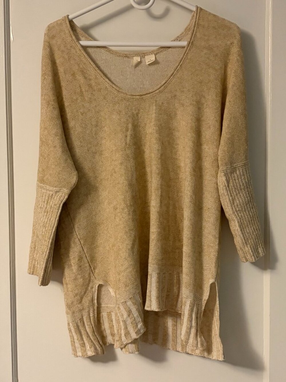 Moth Anthropologie cotton linen 3/4 sleeve sweater beachy slouchy minimalist